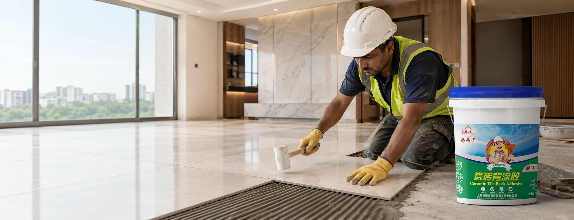 Tiler bedding a large-format tile with ceramic tile back adhesive