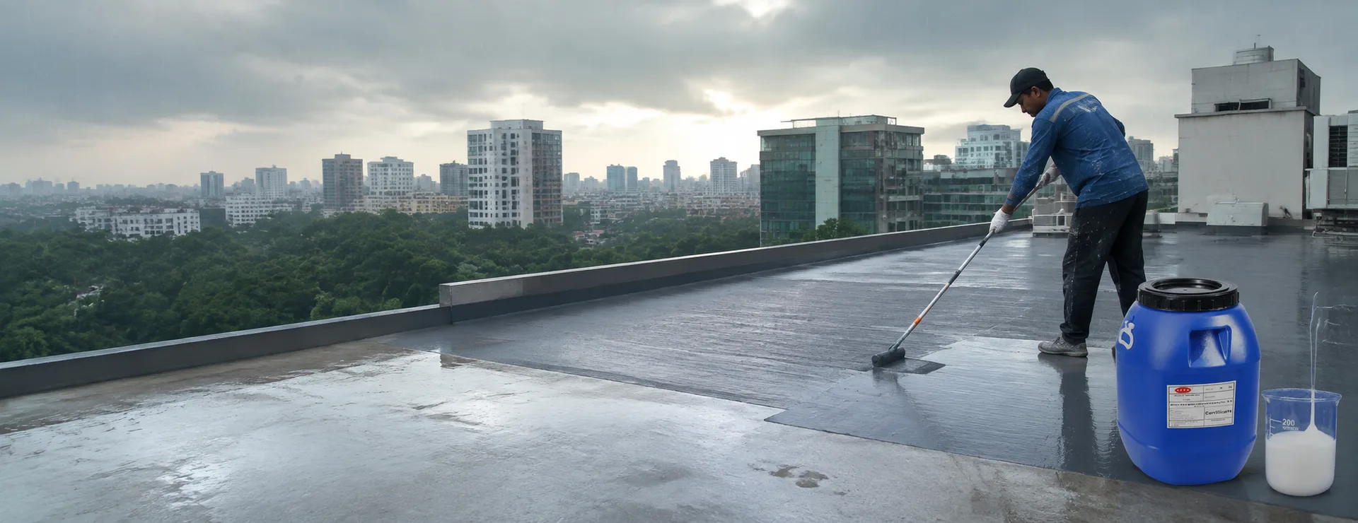 Applicator rolling waterproof coating across a roof above the Dhaka skyline